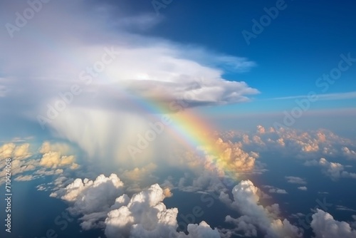 Heavenly Canvas: A Breathtaking Capture of a Blue Sky Adorned with Fluffy Clouds and a Rainbow, Nature's Majestic Artistry.  © Raccoon Stock AI