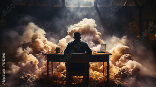 deadline concept, businessman sitting at the table view from the back, smoke coming from the table, stress, professional burnout, fatigue photo