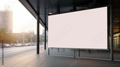 Blank billboard in front of modern office building.