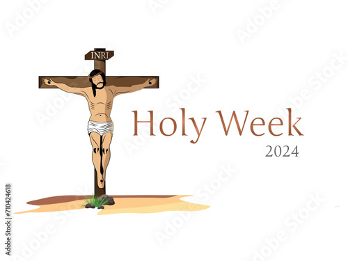 Representation of the gospel scene of the crucifixion of Jesus on white background and space for text.