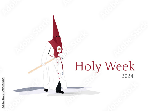 Cofrade with his habit, tunic and white glove and red hood, carrying a candle in his hand on white background.