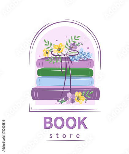 Book store. Layout design for bookstore, library. Books with spring flowers. Vector illustration