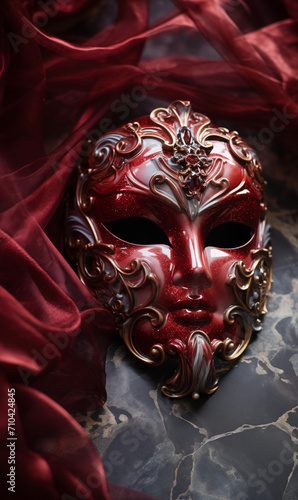 Beautiful antique venetian carnival mask laying on marble floor surrounded by red satin folds