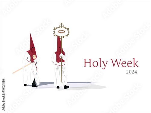 Cofrades with his habit, tunic and white glove and capirote of red color processing in holy week.white bottom.
Processions of holy week