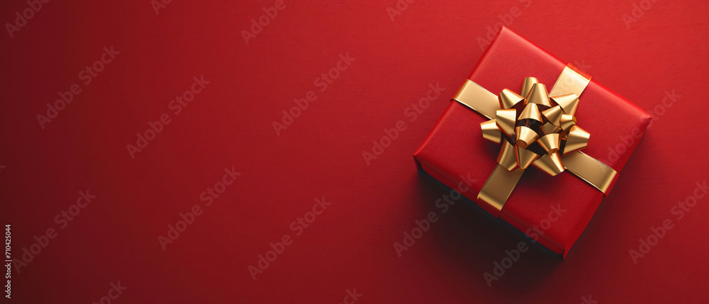 Elegant Red Gift Box. 3D Luxury Gift Box With Gold Ribbon, Top View. Copy Space.