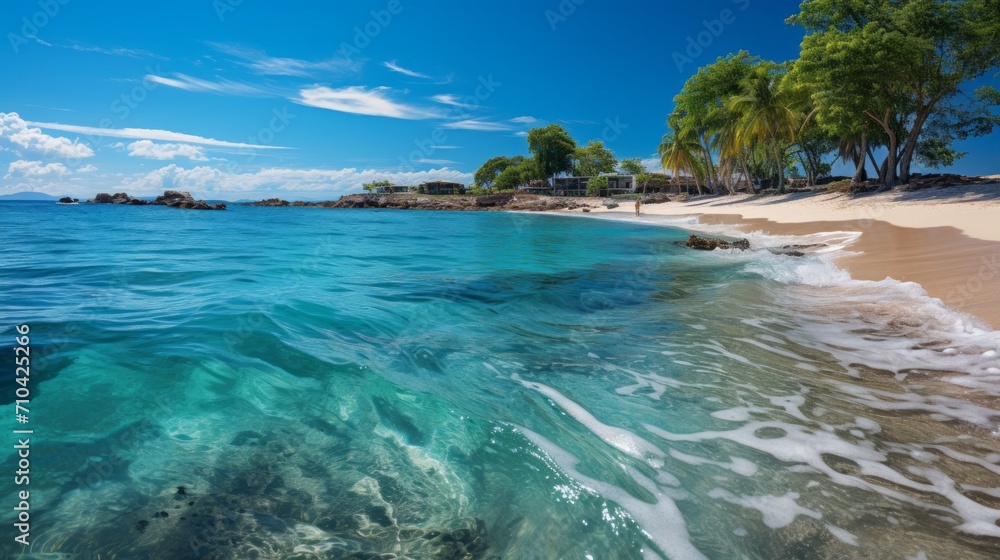 Fototapeta premium The image features a pristine beach with crystal - clear turquoise waters gently lapping against the shore.