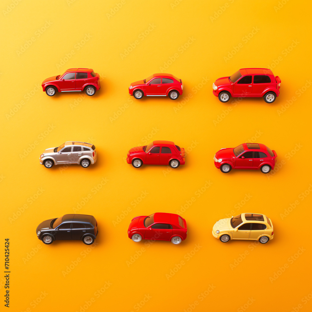 Different bright cars on red background flat lay.