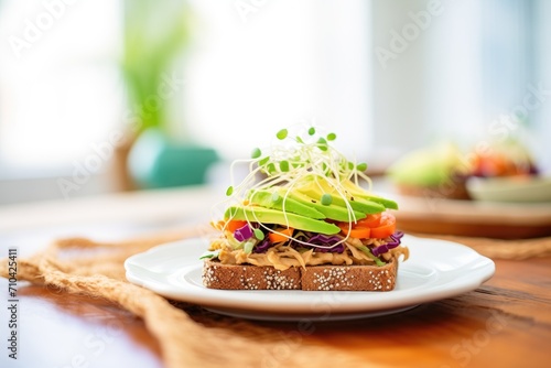 open sprouted grain bread sandwich with sprouts photo