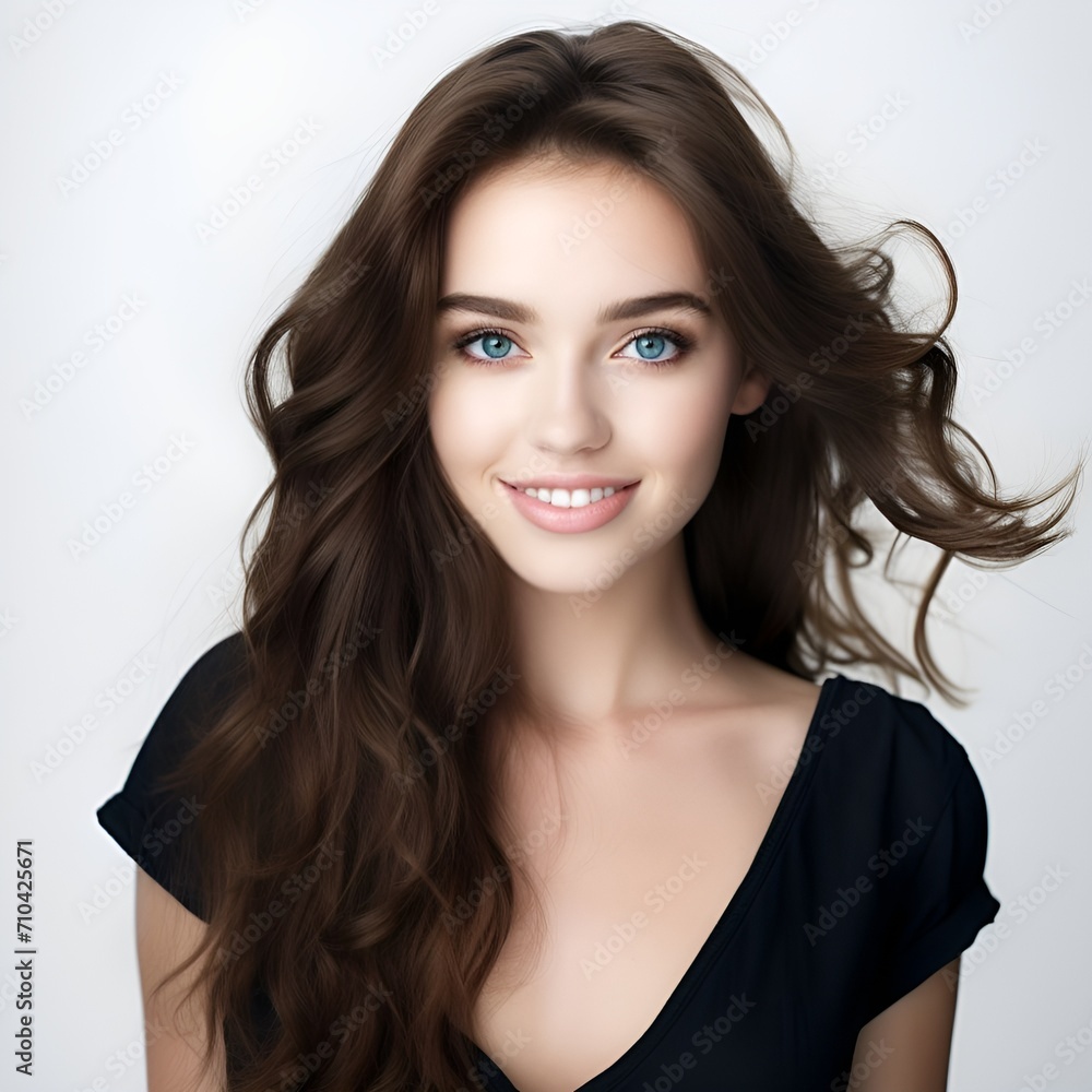 young happy long brunette woman posing and looking in camera,white background young happy long brunette woman posing and looking in camera,white background