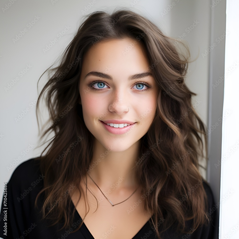 young happy long brunette woman posing and looking in camera,white background young happy long brunette woman posing and looking in camera,white background