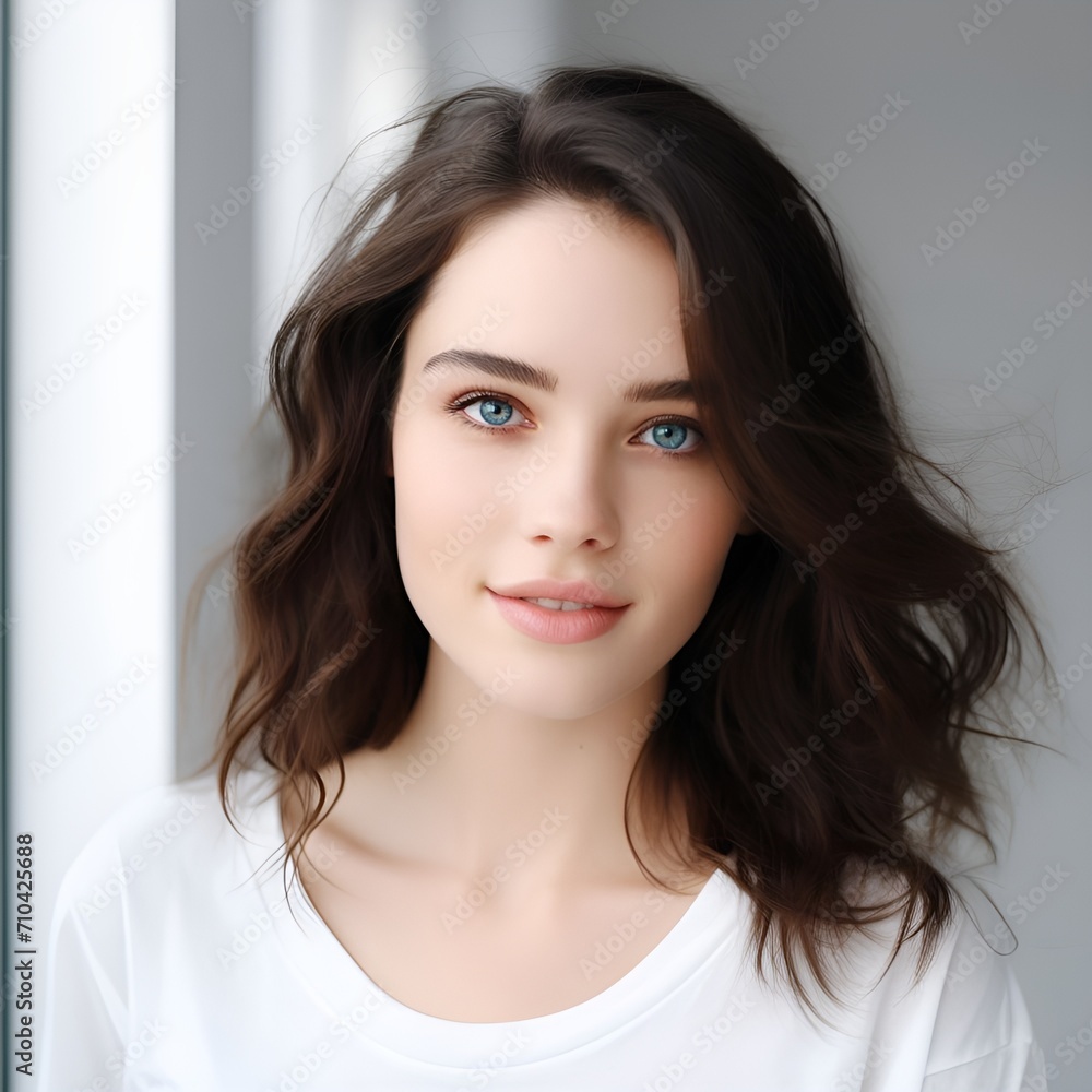 young happy long brunette woman posing and looking in camera,white background young happy long brunette woman posing and looking in camera,white background