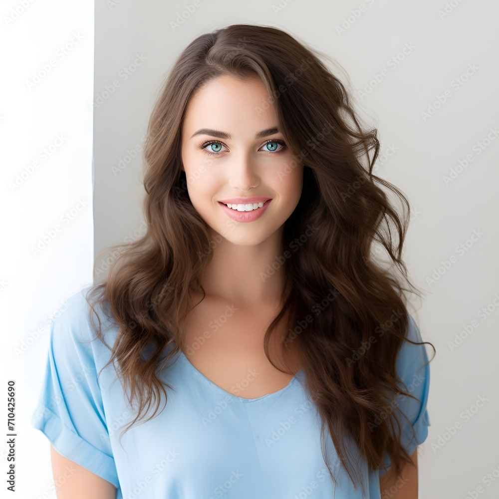 young happy long brunette woman posing and looking in camera,white background