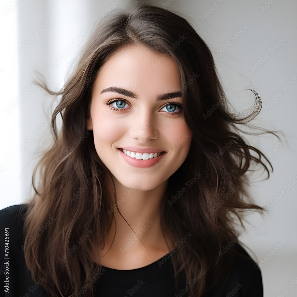 young happy long brunette woman posing and looking in camera,white background young happy long brunette woman posing and looking in camera,white background