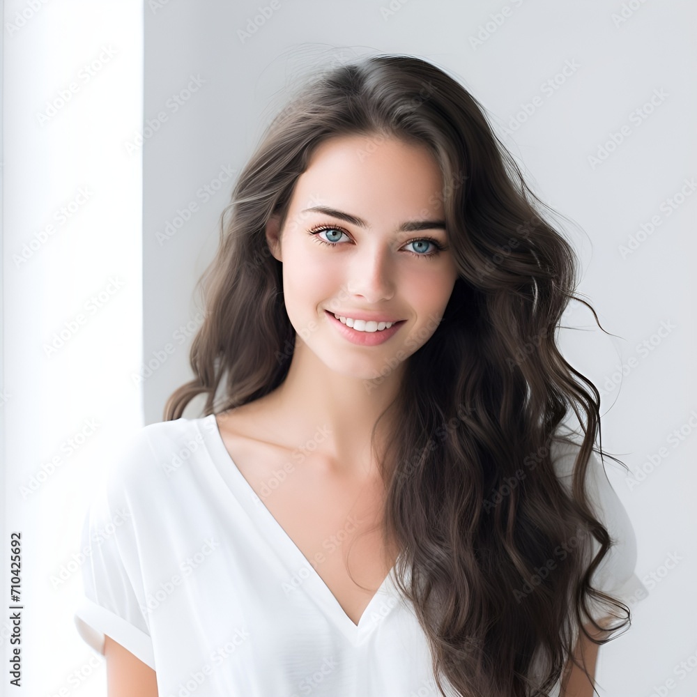 young happy long brunette woman posing and looking in camera,white background young happy long brunette woman posing and looking in camera,white background