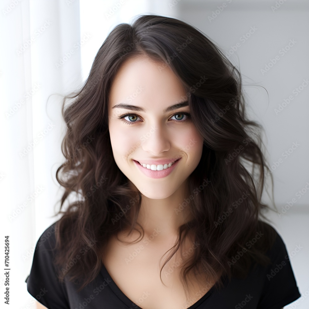 Fototapeta premium young happy long brunette woman posing and looking in camera,white background