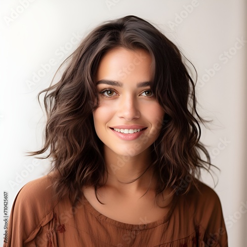young happy long brunette woman posing and looking in camera,white background