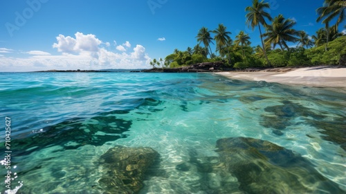 The image features a pristine beach with crystal - clear turquoise waters gently lapping against the shore.