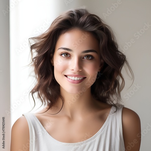 young happy long brunette woman posing and looking in camera,white background