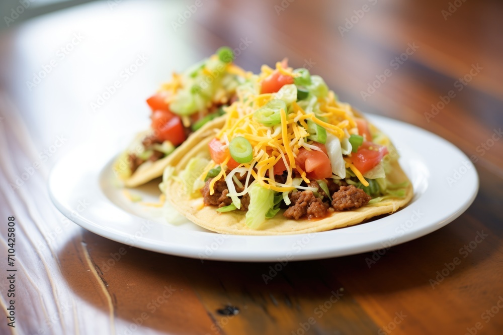 open-faced taco with spicy ground beef and cheddar