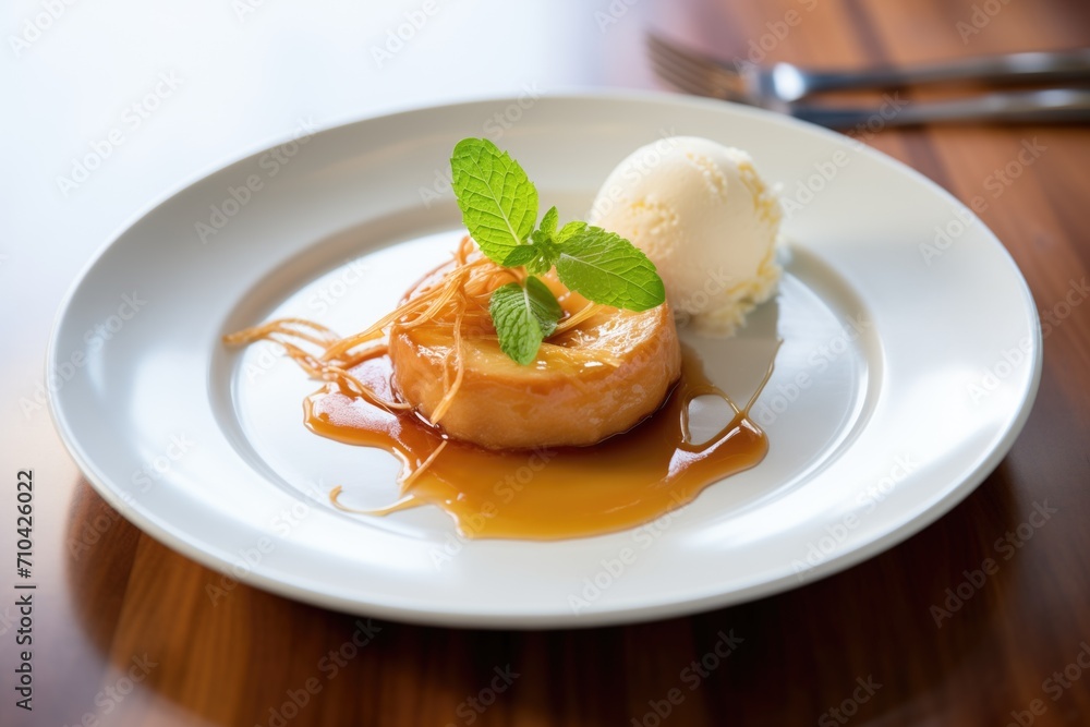 tarte tatin with a scoop of ice cream, mint garnish tarte tatin with a scoop of ice cream, mint garnish