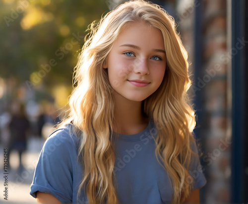 Capturing Radiance: Photorealistic Full-Body Portrait of a 18-Year-Old Young Woman, Bathed in Golden-Hour Sunlight, with Long Blonde Hair and Striking Blue Eyes