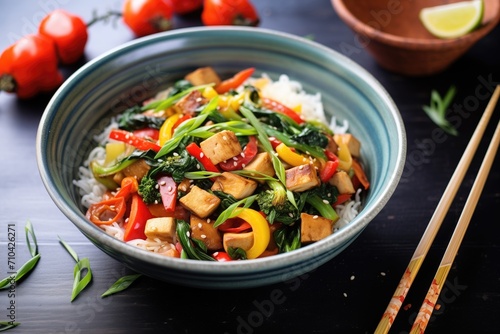 high-angle shot of colorful tofu stir-fry in a black bowl