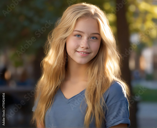 Capturing Radiance: Photorealistic Full-Body Portrait of a 18-Year-Old Young Woman, Bathed in Golden-Hour Sunlight, with Long Blonde Hair and Striking Blue Eyes
