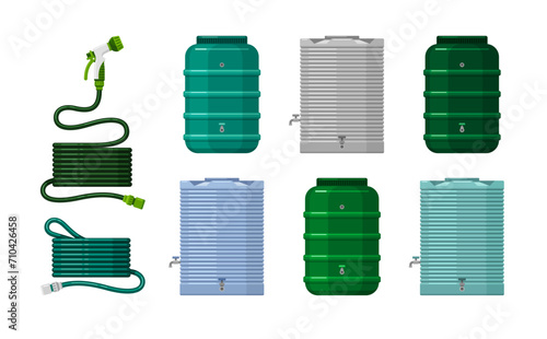 Hoses, tanks and barrels for rain water storage in garden. Big metal and plastic reservoirs with taps and green rubber pipes for irrigate plants, vector flat cartoon set isolated on white background