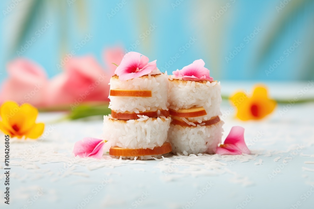 coconut-covered turkish delight rolls, stacked, on a bright surface