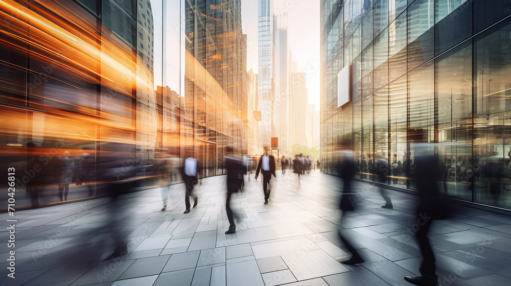 Movement of businessmen and office workers in workplaces and skyscrapers background. Ai generate.