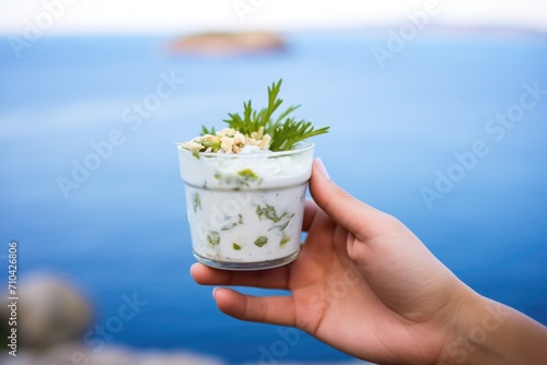 a hand holding a dollop of tzatziki with a mediterranean backdrop photo