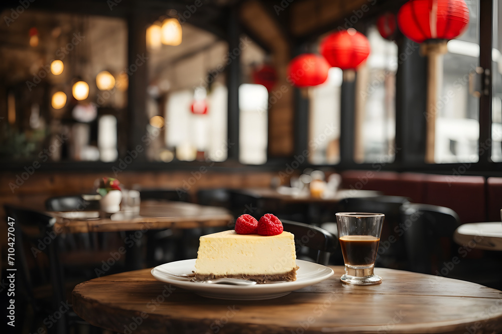 Concept photo shoot of cheesecake in a rustic small old cafe