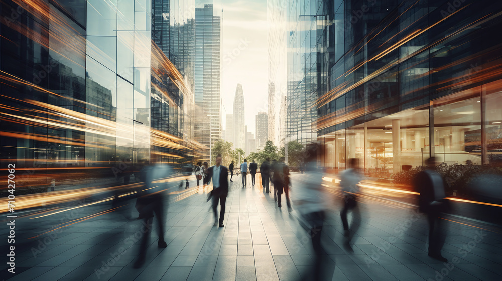 Fototapeta premium Movement of businessmen and office workers in workplaces and skyscrapers background. Ai generate.