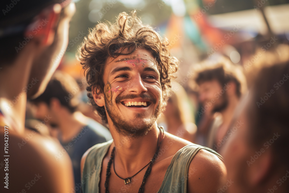 Happy male teenager is at a colorful music festival. Ai generate. Happy male teenager is at a colorful music festival. Ai generate.
