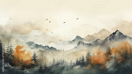 illustration autumn in the mountains blurred abstract watercolor background in white light and yellow, golden tones of Indian summer © kichigin19