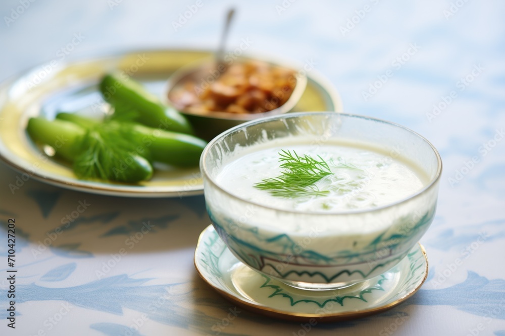 kurma accompanied by cucumber raita in a small bowl kurma accompanied by cucumber raita in a small bowl