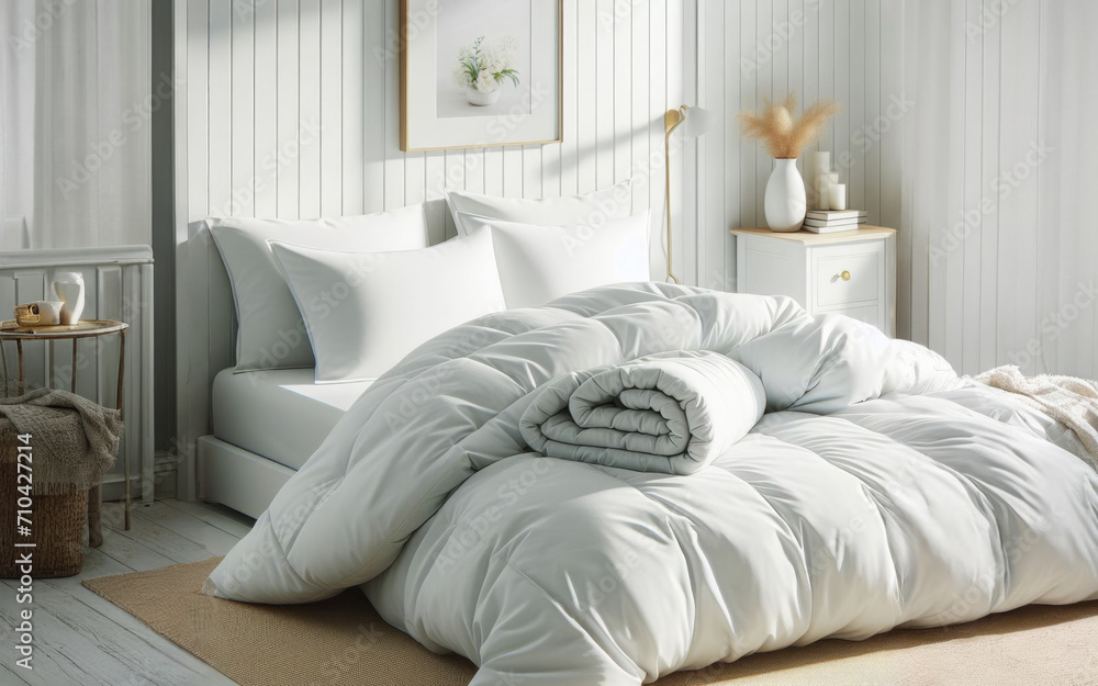 Obraz premium Luxury bedroom. King bed with white linens and pillows. Interior with view window, bed with white bed linen and curtains.
