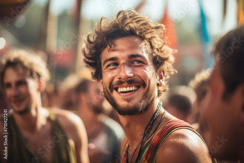 Happy male teenager is at a colorful music festival. Ai generate.