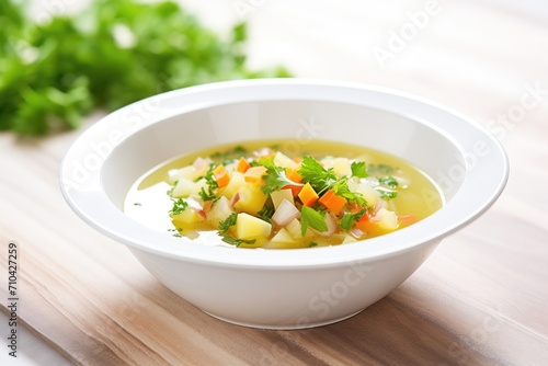 bowl of vegetable soup with chopped parsley on top
