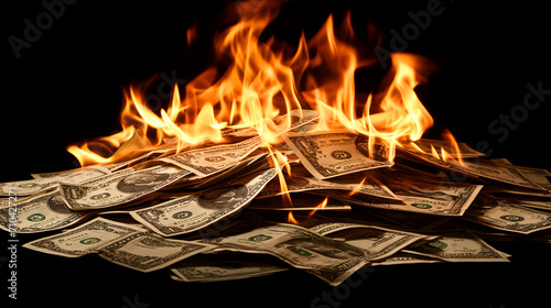 Dollar bills pile burning in close-up over black background, Burning money on fire, fiat Inflation concept photo