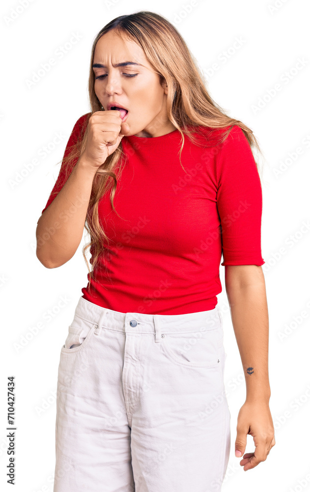 Young beautiful blonde woman wearing casual clothes feeling unwell and coughing as symptom for cold or bronchitis. health care concept. Young beautiful blonde woman wearing casual clothes feeling unwell and coughing as symptom for cold or bronchitis. health care concept.