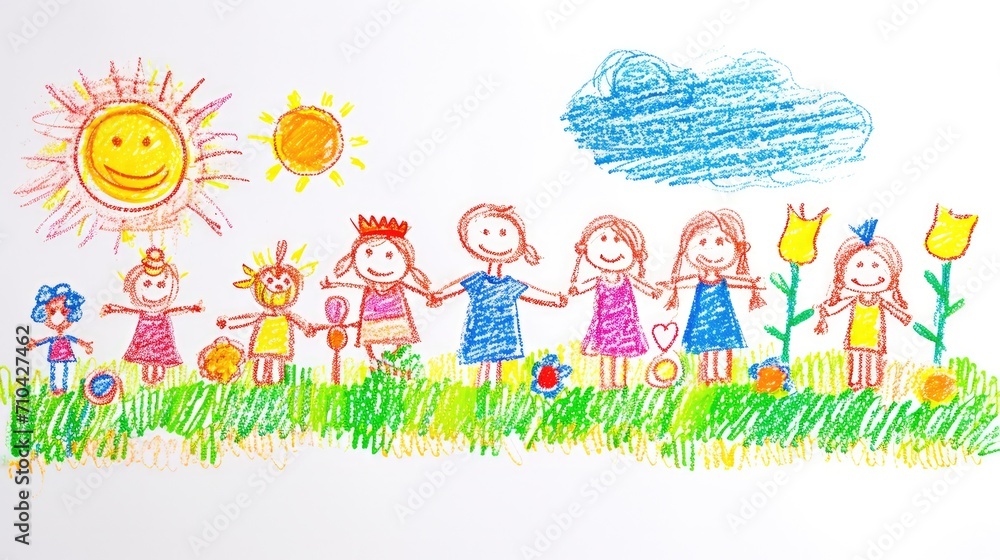 Obraz premium Generative AI, Pencil drawn art by child, naive kids illustration on white background