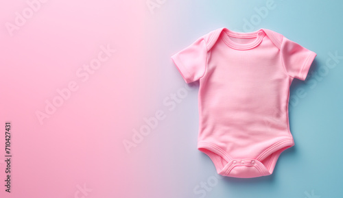 Pink baby short sleeve body shirt on pastel background. Top view, space for text.