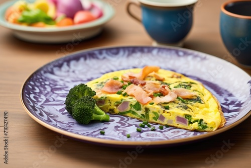 folded omelette with broccoli and red onion on a ceramic plate