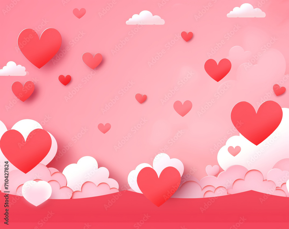 Beautiful and Romantic illustration of red and pink hearts of love and clouds wallpaper
