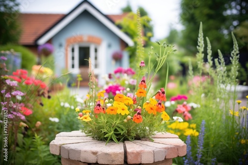 cottage garden with mixed flowers and stone well © studioworkstock