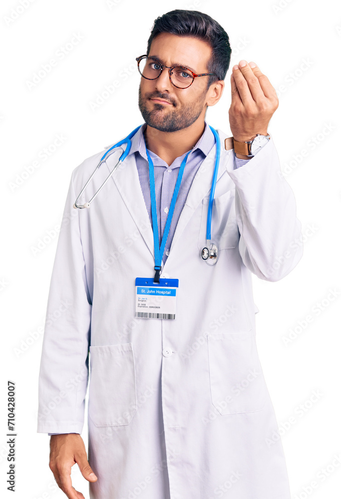 Young hispanic man wearing doctor uniform and stethoscope doing italian gesture with hand and fingers confident expression Young hispanic man wearing doctor uniform and stethoscope doing italian gesture with hand and fingers confident expression