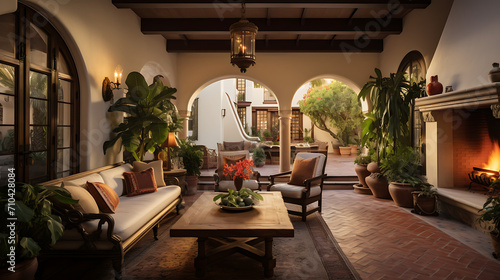 A breathtaking Spanish revival style interior design  meticulously designed with captivating interior details  illuminated by perfectly coordinated lighting  surrounded by expertly crafted gardens