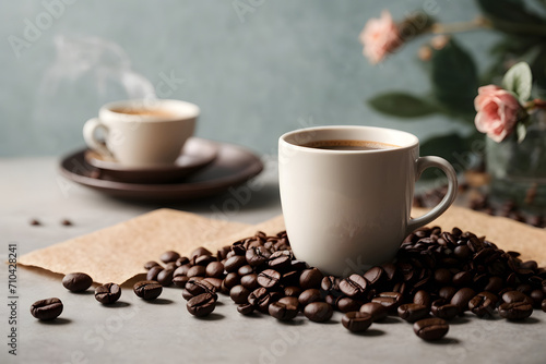 A concept photo with a cup of coffee  coffee beans  a craft note paper and romantic flowers