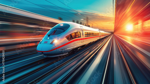 High-Speed Maglev Trains in motion, long exposure shot, futuristic design speeding through vibrant landscapes, illuminated by morning sun © Татьяна Креминская